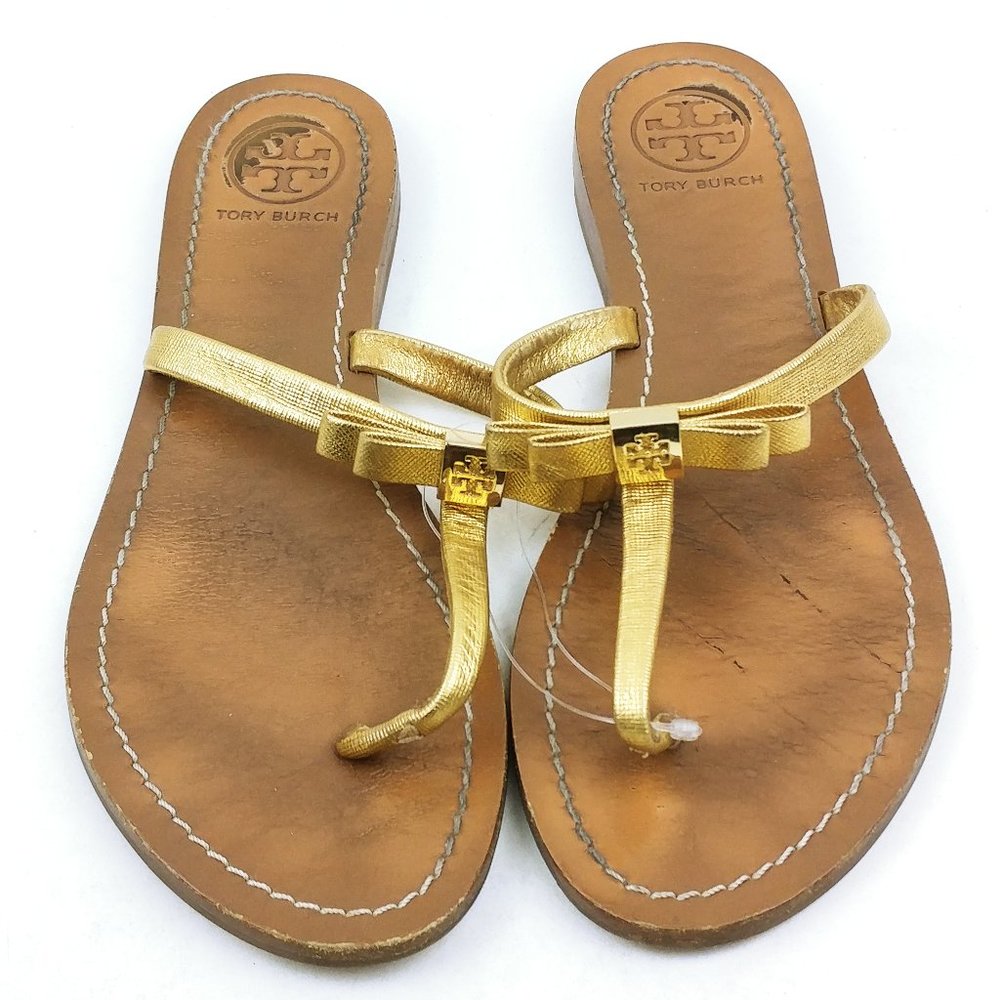 Tory Burch Women' Brown/Metallic Gold Leighanne Bow Flip Flops Size 10 (Posh133)